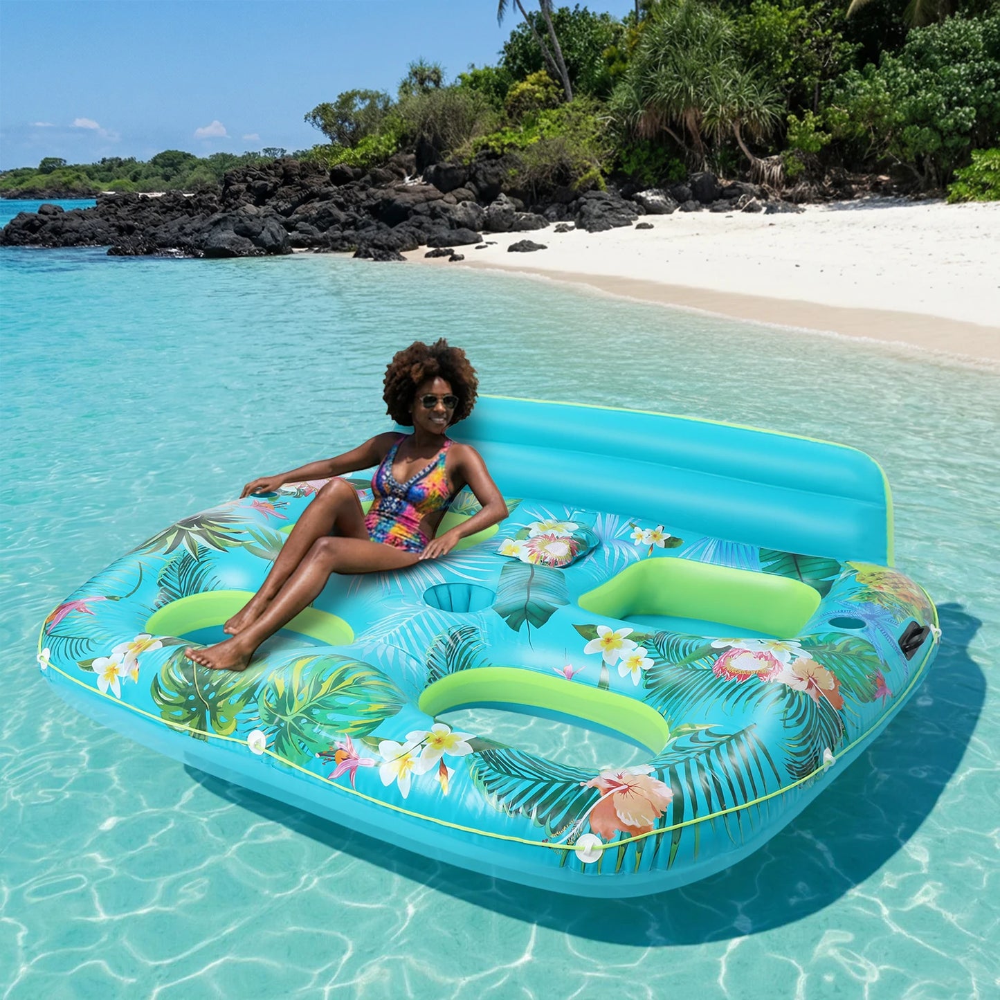 2-person Pool Float Inflatable Sofa with Drink Holder and Backrest Inflatable Lounge Chair Pool Float for Summer Swimming Pool