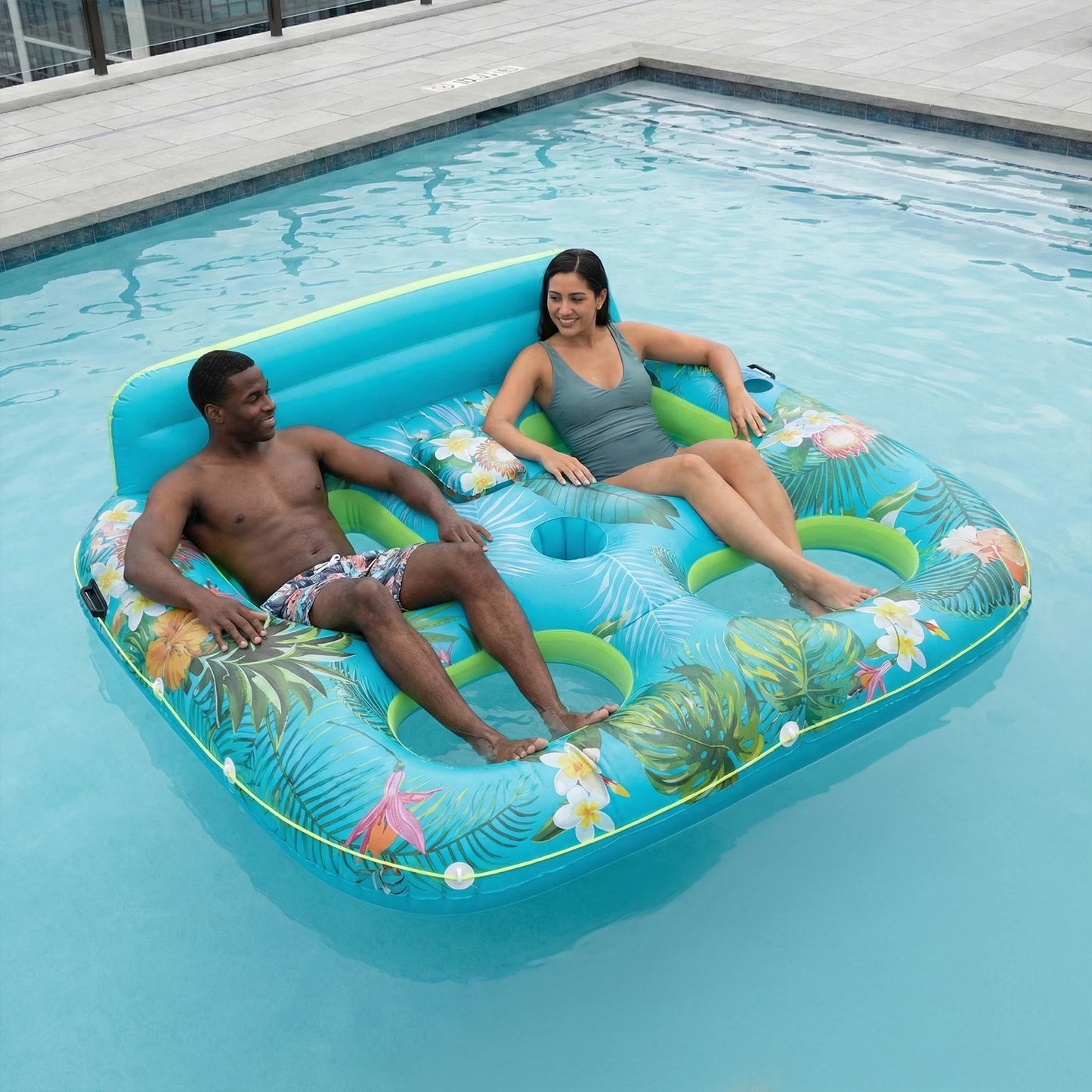 2-person Pool Float Inflatable Sofa with Drink Holder and Backrest Inflatable Lounge Chair Pool Float for Summer Swimming Pool