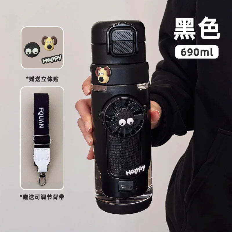 2 In 1 Portable Water Bottle With Fan Mist Spray Cooling Cup For Outdoor Sports Creative Leakproof Water Cup For Kids Students