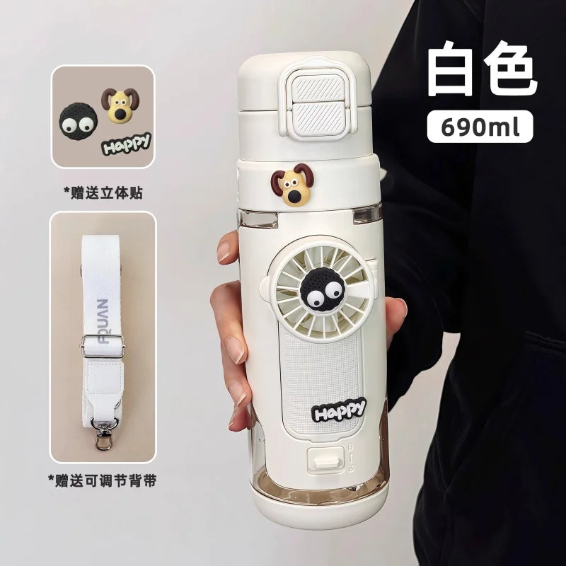 2 In 1 Portable Water Bottle With Fan Mist Spray Cooling Cup For Outdoor Sports Creative Leakproof Water Cup For Kids Students