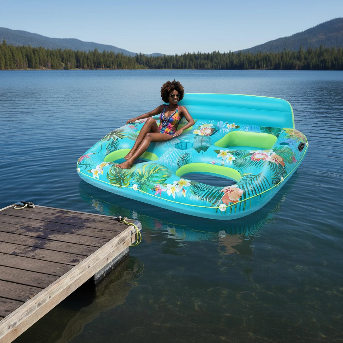 2-person Pool Float Inflatable Sofa with Drink Holder and Backrest Inflatable Lounge Chair Pool Float for Summer Swimming Pool