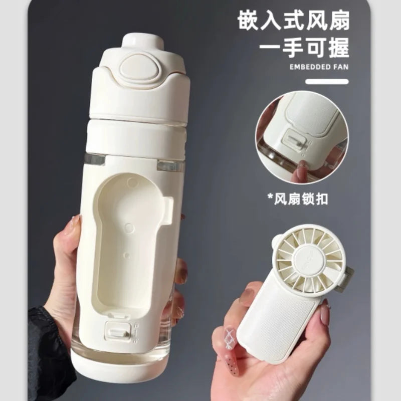 2 In 1 Portable Water Bottle With Fan Mist Spray Cooling Cup For Outdoor Sports Creative Leakproof Water Cup For Kids Students