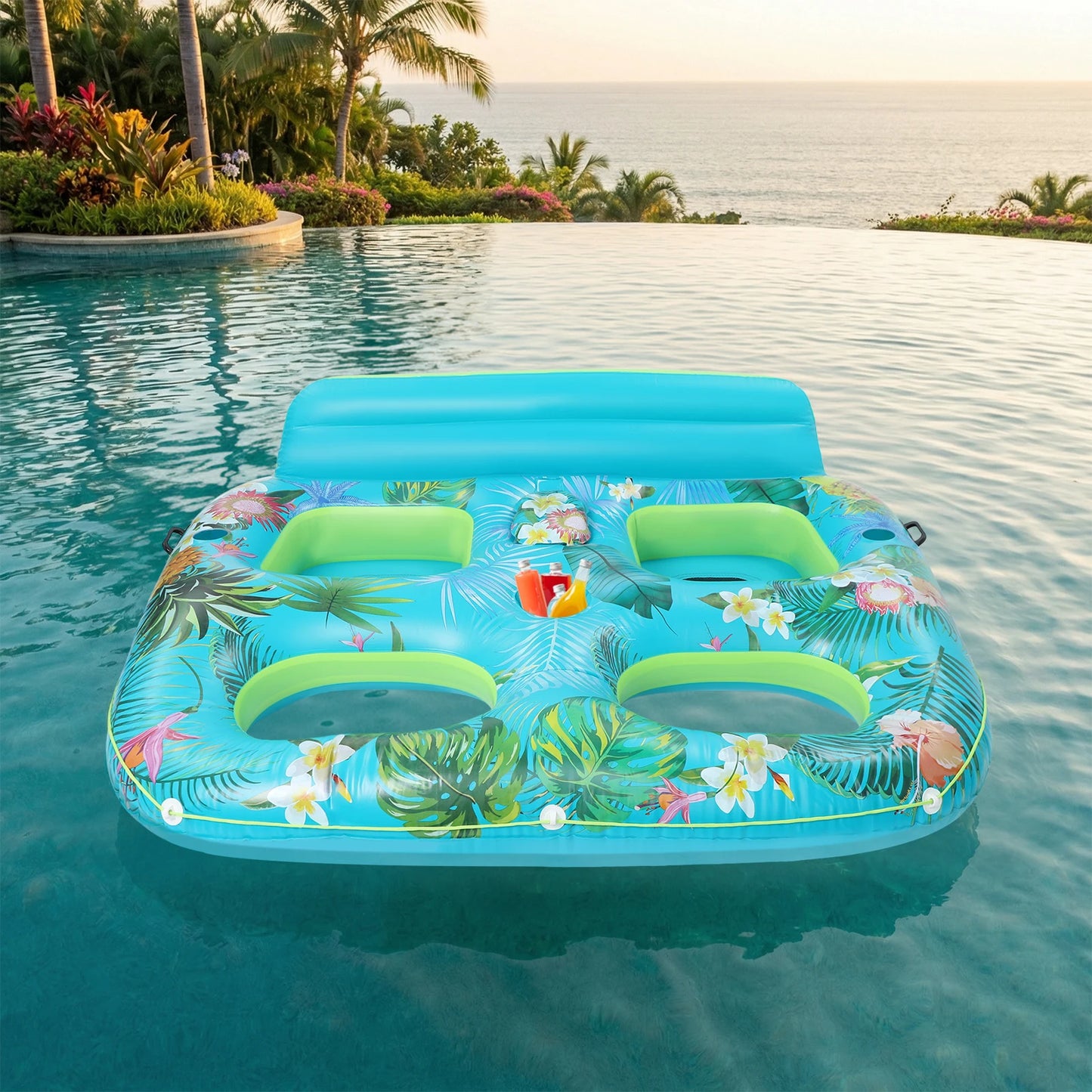 2-person Pool Float Inflatable Sofa with Drink Holder and Backrest Inflatable Lounge Chair Pool Float for Summer Swimming Pool
