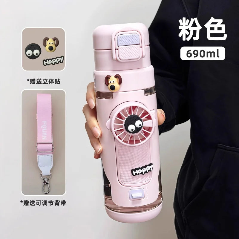 2 In 1 Portable Water Bottle With Fan Mist Spray Cooling Cup For Outdoor Sports Creative Leakproof Water Cup For Kids Students