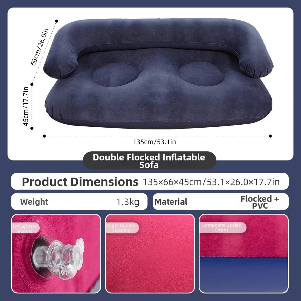 Inflatable Double Sofa Flocking Portable Air Couch Lazy Sofa for Outdoor Camping Home Living Room