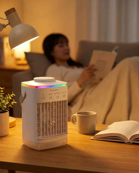 Mini portable aircon humidifier LED lifestyle photo