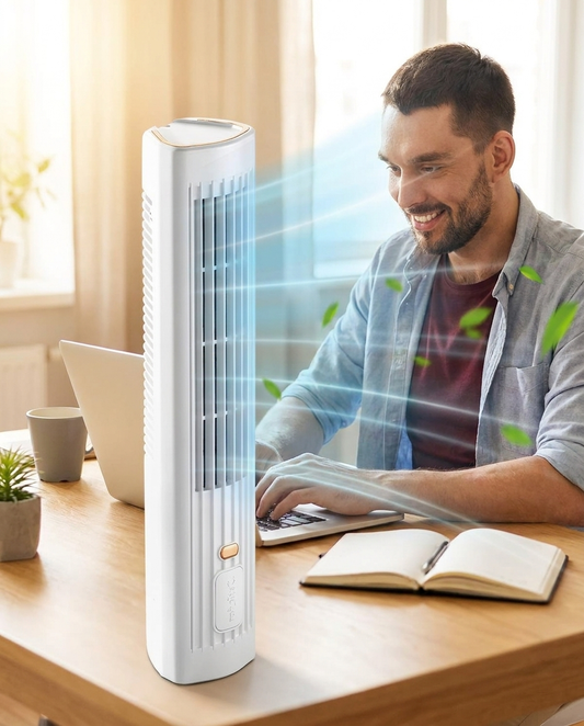 USB rechargeable AC tower fan lifestyle photo