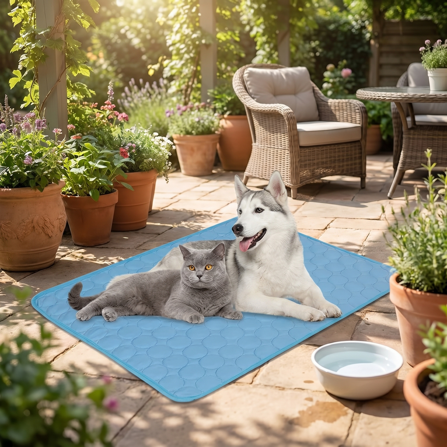Two dogs, a gray cat, and a blue mat on a patio with potted plants and outdoor furniture.